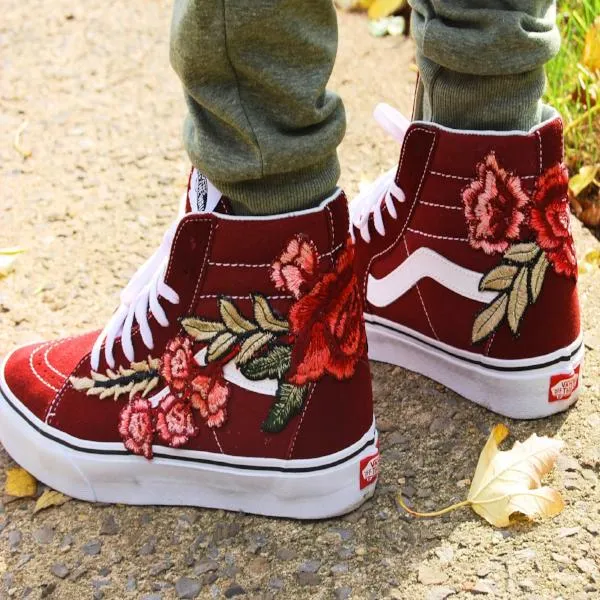 Custom Embroidered Rose Vans Stay High Sneakers Shoes - (RED)