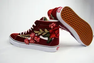 Custom Embroidered Rose Vans Stay High Sneakers Shoes - (RED)