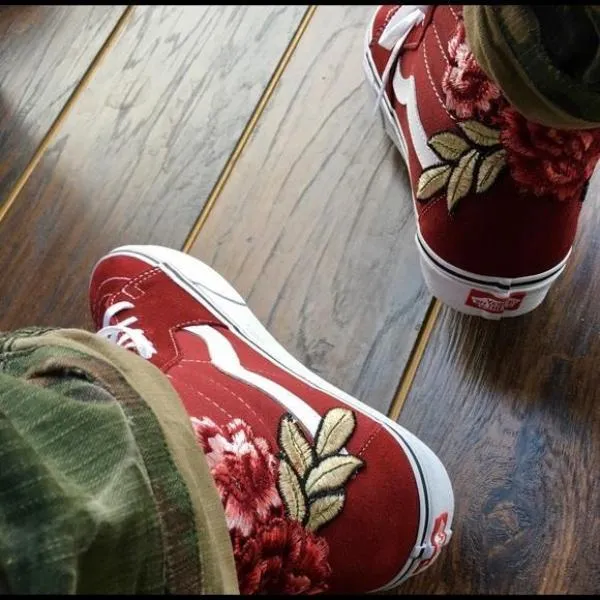 Custom Embroidered Rose Vans Stay High Sneakers Shoes - (RED)