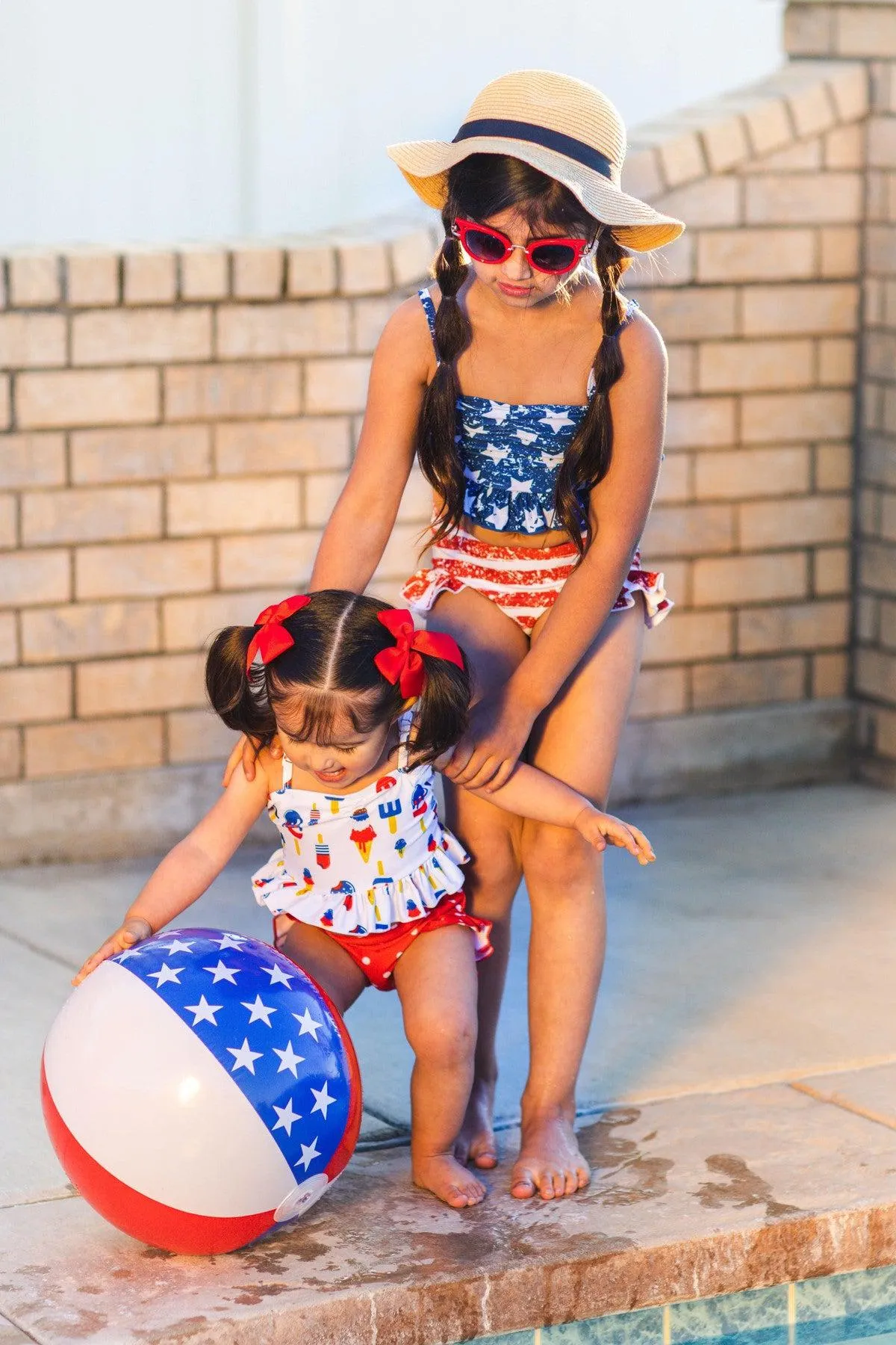 Distressed Flag High-Waisted Swimsuit Set