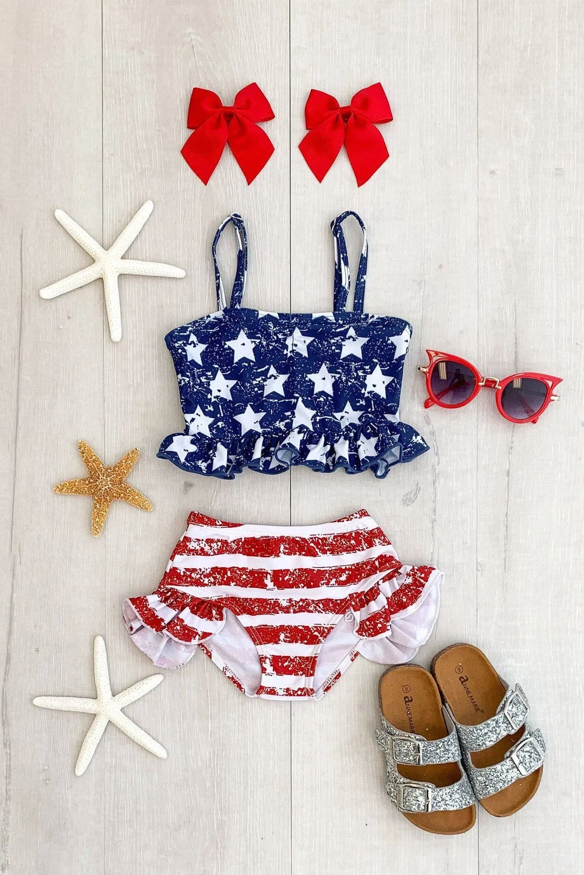 Distressed Flag High-Waisted Swimsuit Set