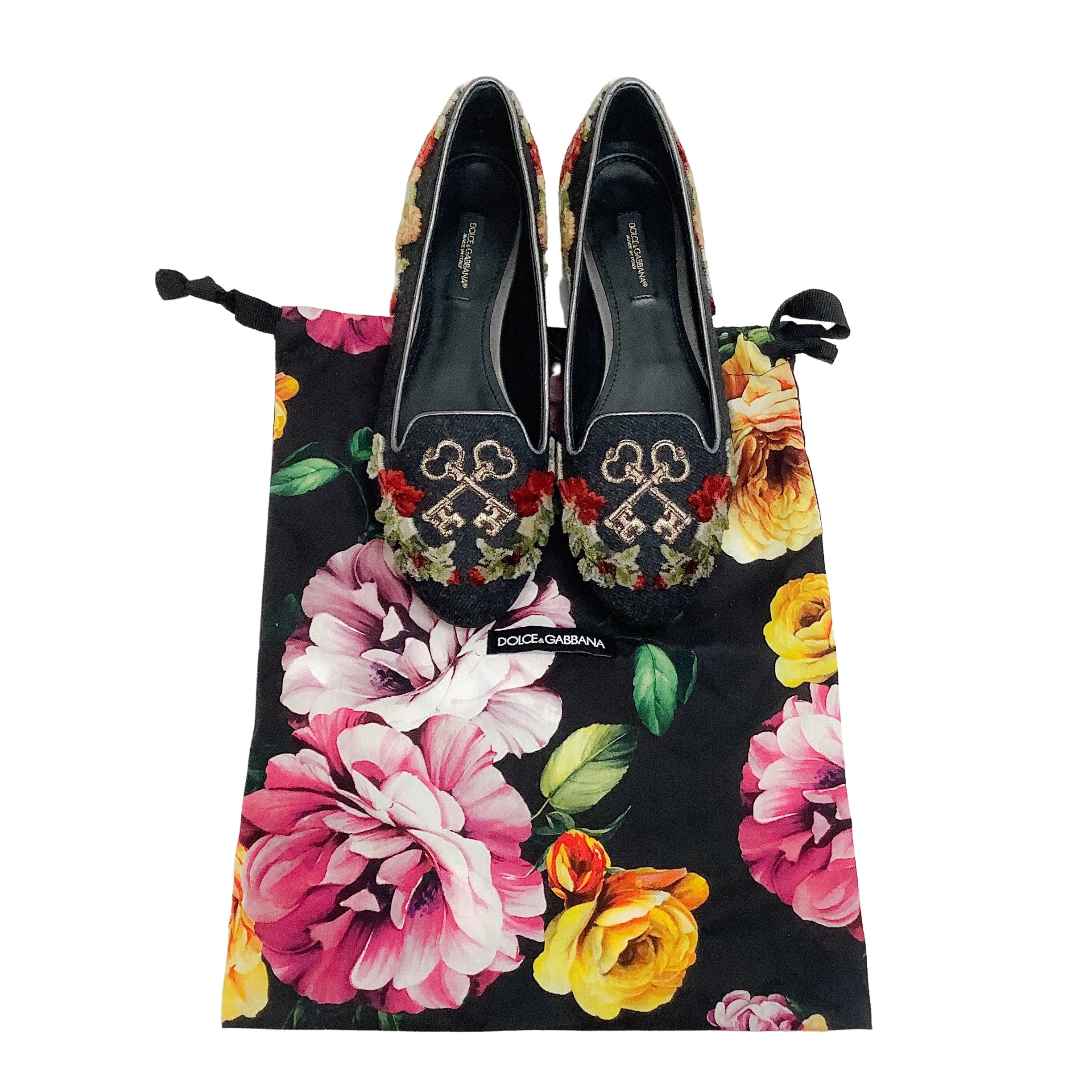 Dolce & Gabbana Grey Flannel Velvet Floral with Key Flats