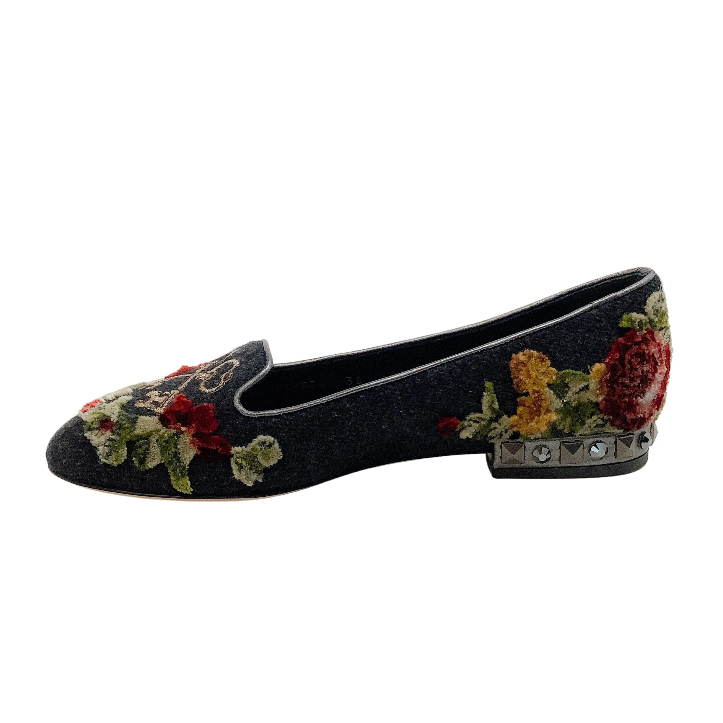 Dolce & Gabbana Grey Flannel Velvet Floral with Key Flats