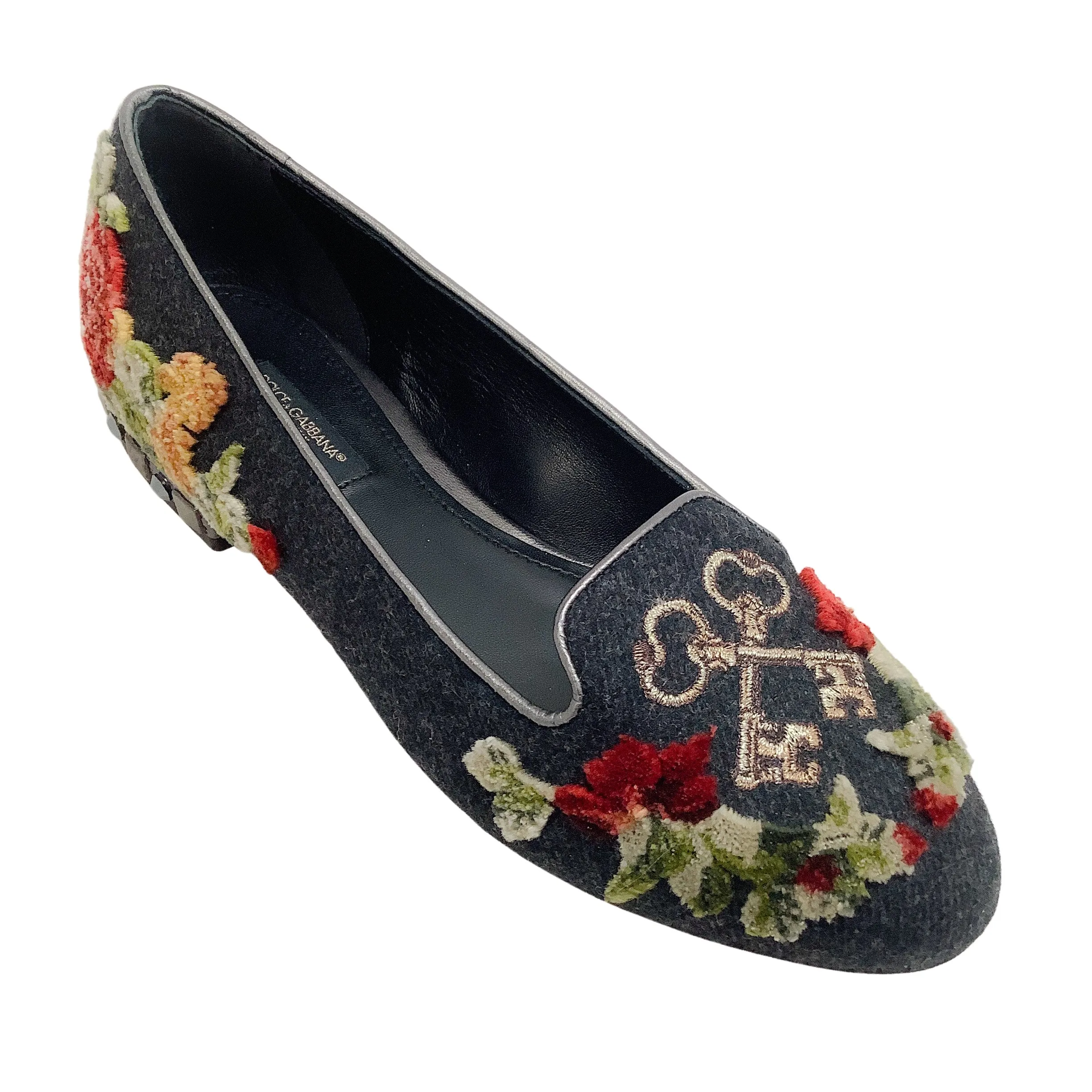 Dolce & Gabbana Grey Flannel Velvet Floral with Key Flats