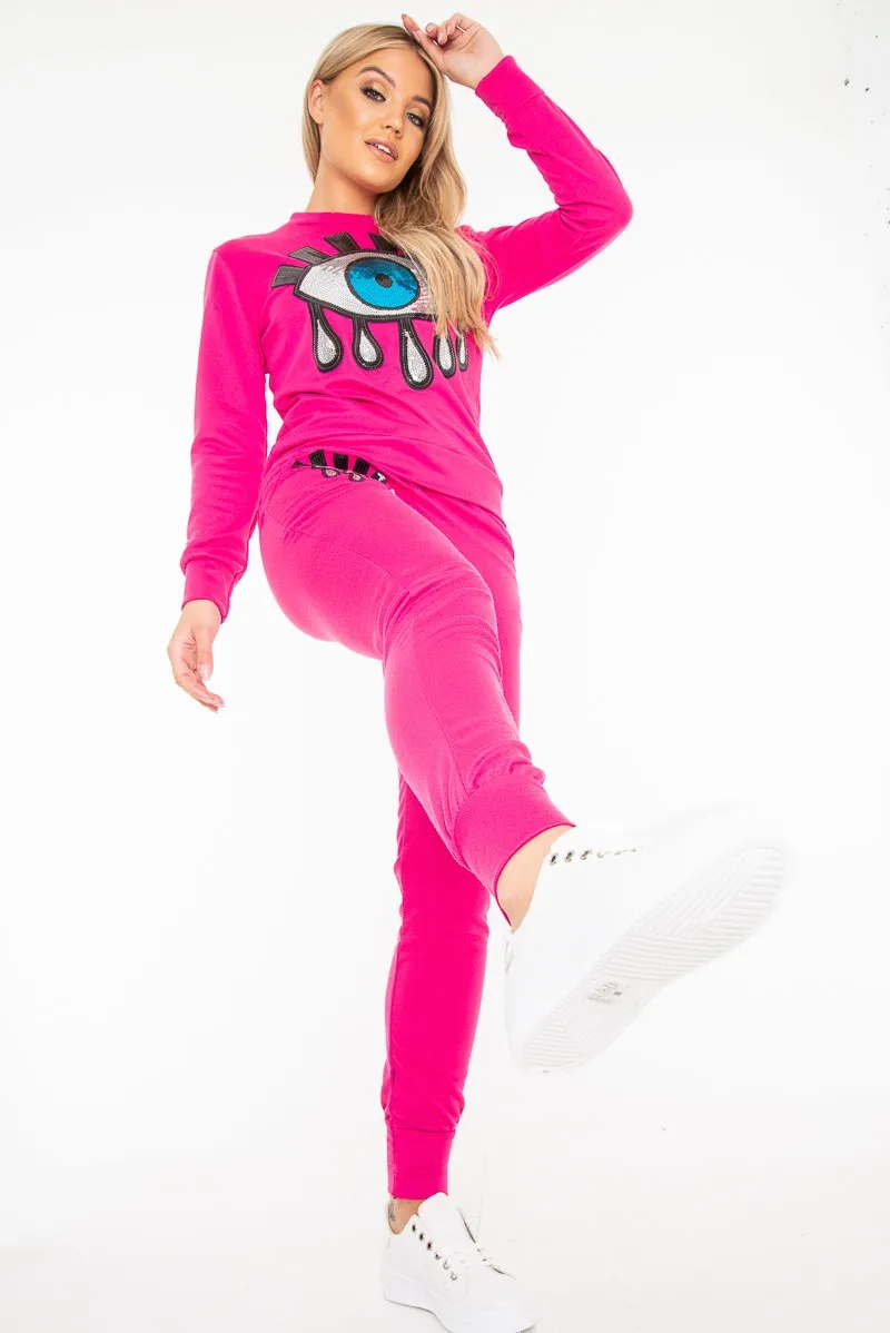 Fuchsia Eye Detail Sequin Embellished Tracksuit - Kyana