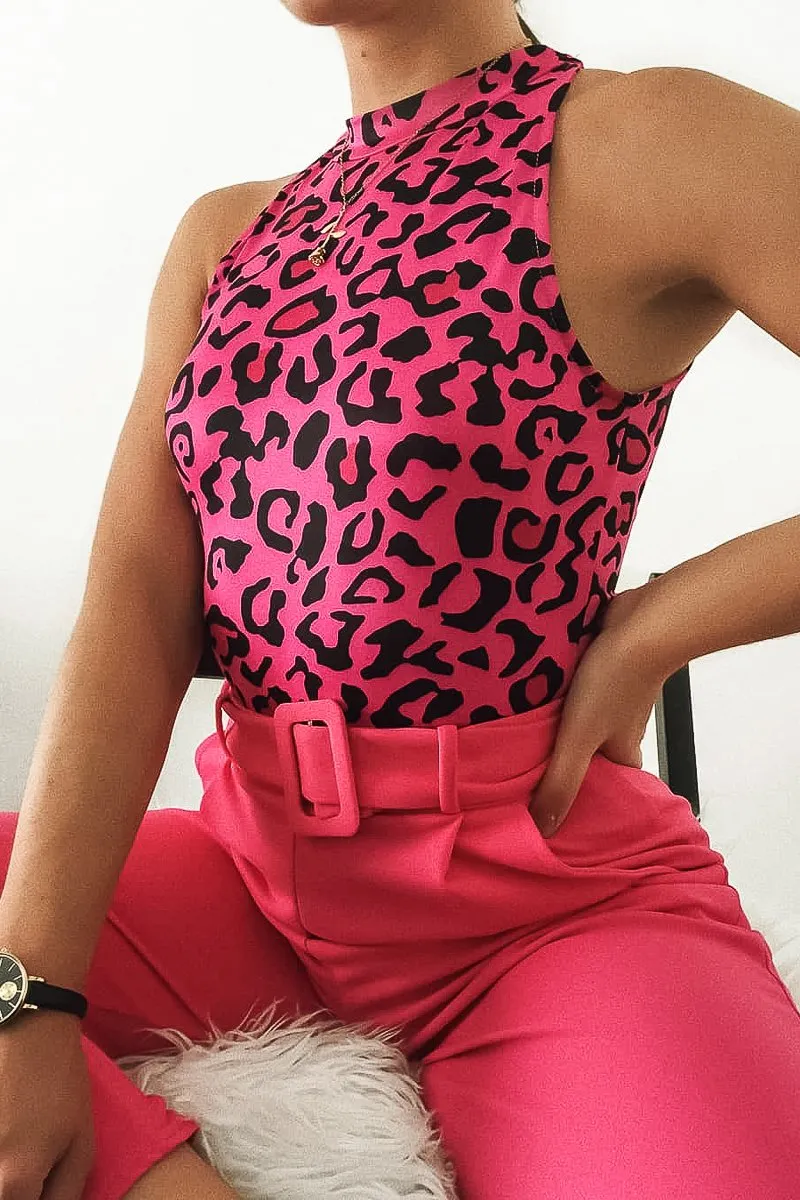 Fuchsia Leopard Print Halter Neck Sleeveless Bodysuit - Aarika