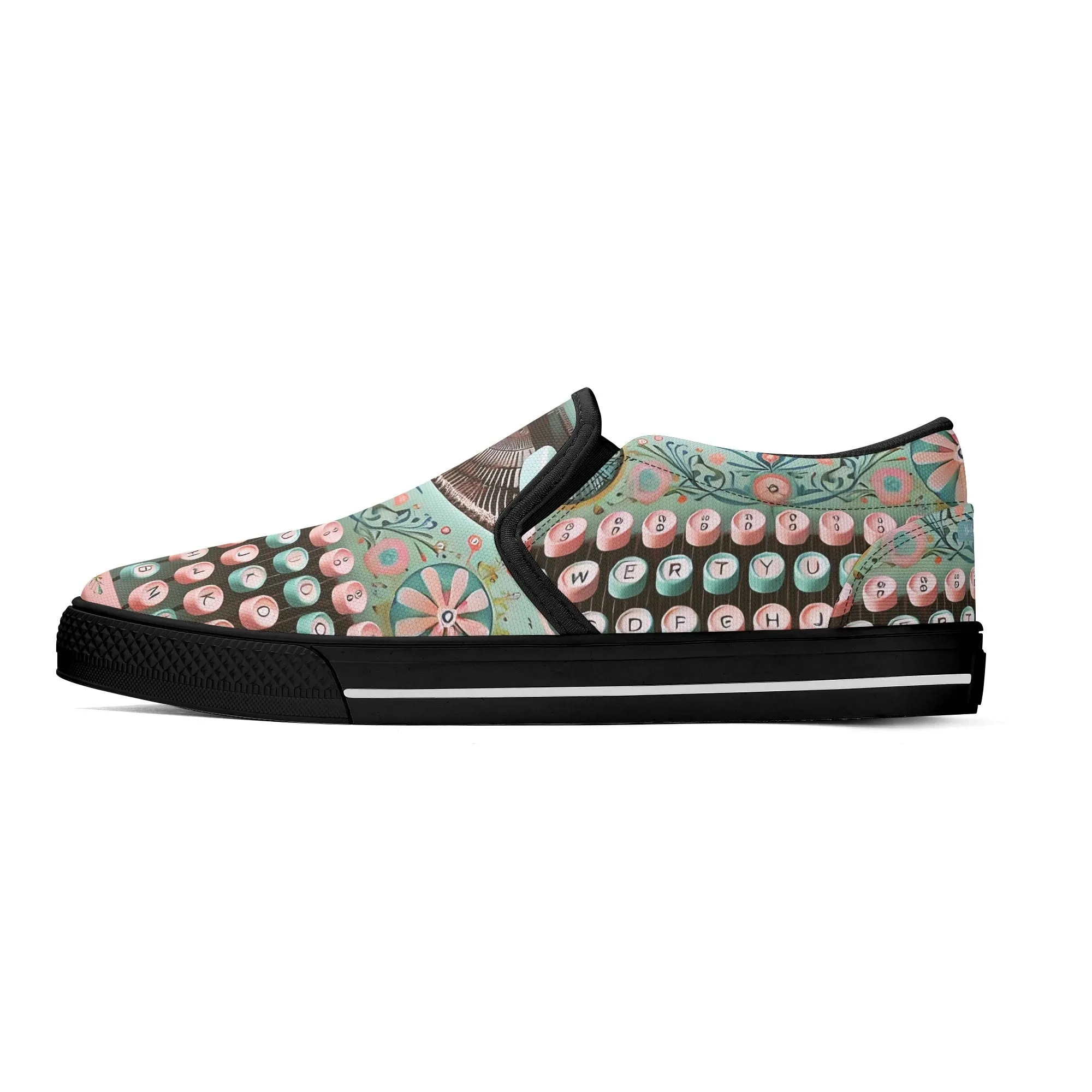 Funky Fun Quirky Retro Typewriter Groovy Mod Canvas Loafer Shoes WIth A Boho Flair