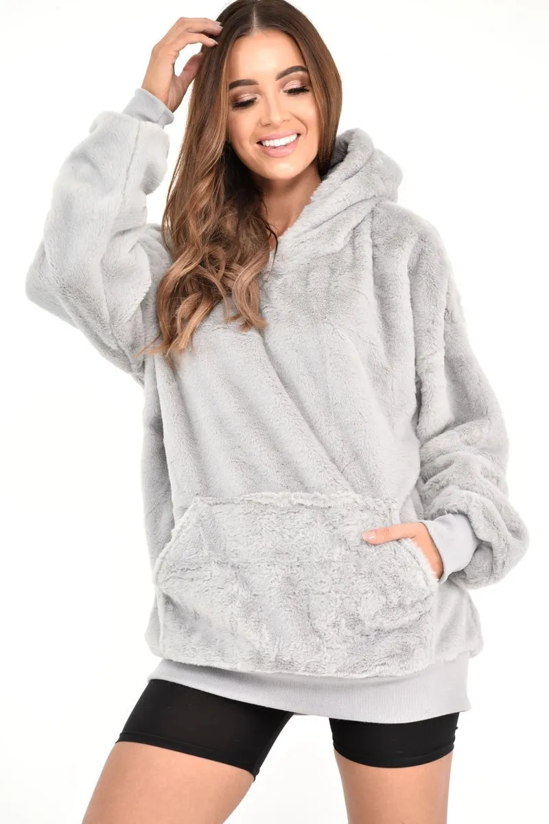 Grey Faux Fur Pocket Front Hoodie - Madi