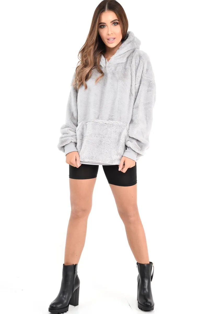 Grey Faux Fur Pocket Front Hoodie - Madi