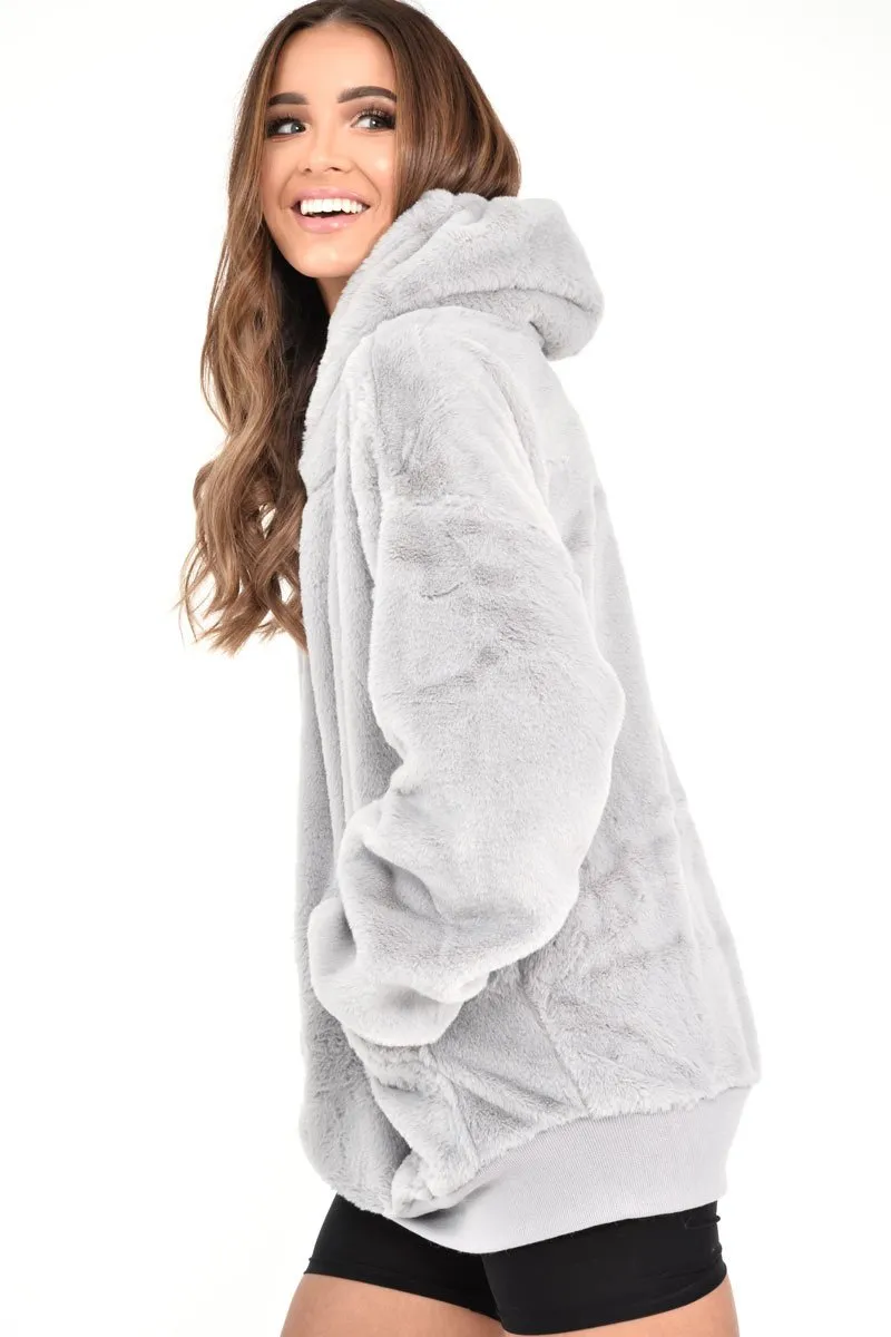 Grey Faux Fur Pocket Front Hoodie - Madi