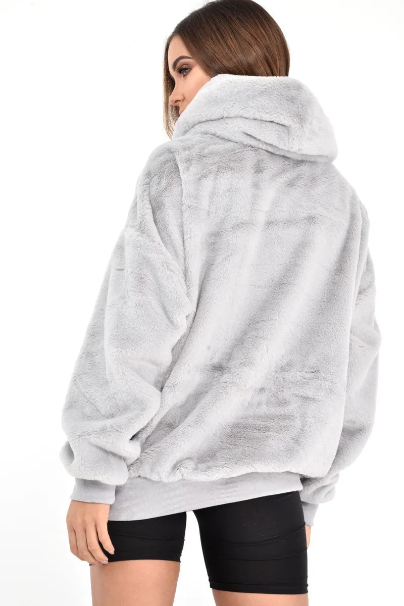 Grey Faux Fur Pocket Front Hoodie - Madi