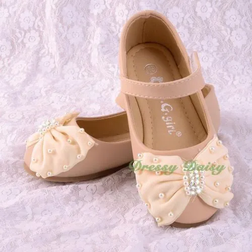 GS016 Pearls & Rhinestone Bow Shoes US Size 8.5-1.5 Flower Girl Pageant Party