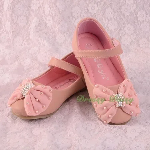 GS016 Pearls & Rhinestone Bow Shoes US Size 8.5-1.5 Flower Girl Pageant Party