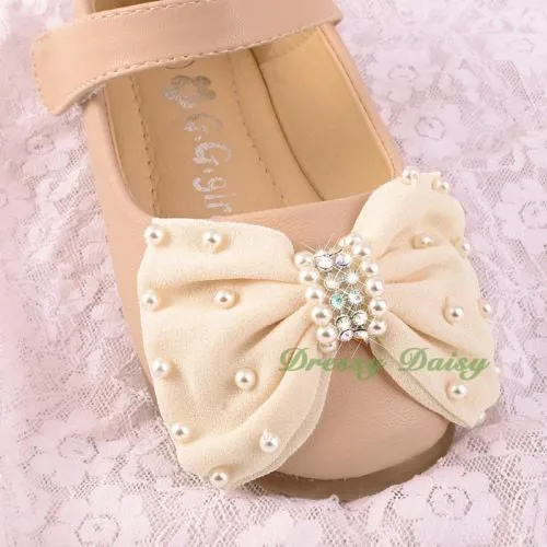 GS016 Pearls & Rhinestone Bow Shoes US Size 8.5-1.5 Flower Girl Pageant Party