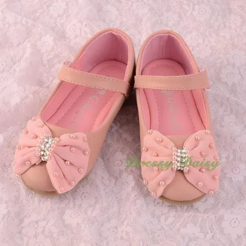 GS016 Pearls & Rhinestone Bow Shoes US Size 8.5-1.5 Flower Girl Pageant Party