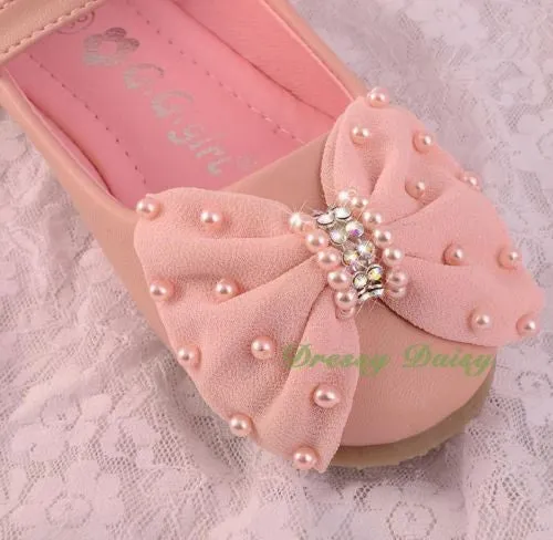 GS016 Pearls & Rhinestone Bow Shoes US Size 8.5-1.5 Flower Girl Pageant Party