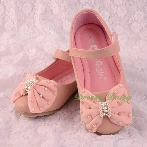 GS016 Pearls & Rhinestone Bow Shoes US Size 8.5-1.5 Flower Girl Pageant Party