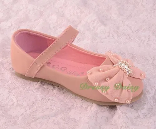 GS016 Pearls & Rhinestone Bow Shoes US Size 8.5-1.5 Flower Girl Pageant Party