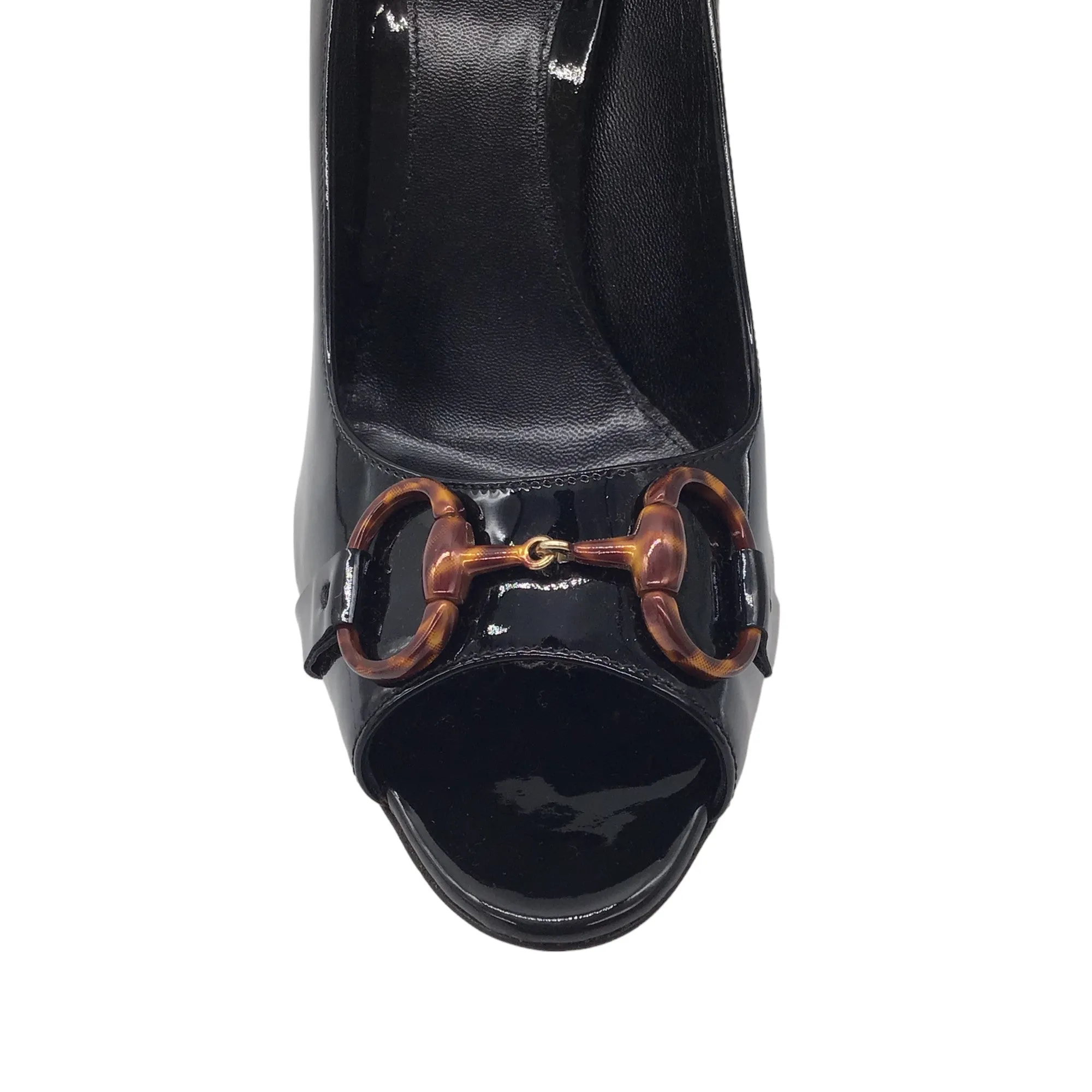 Gucci Black / Brown Tortoiseshell Horsebit Detail Open-Toe Patent Leather Pumps