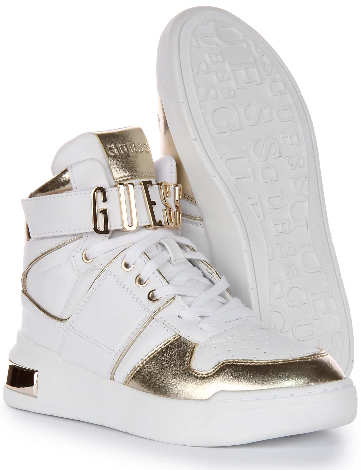 Guess Corten Logo Hi Top In White Gold For Women