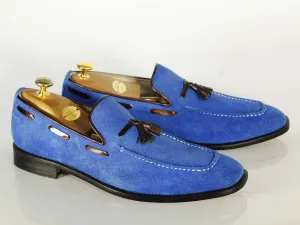 Handmade Royal Blue Suede Moccasins Loafer Shoes