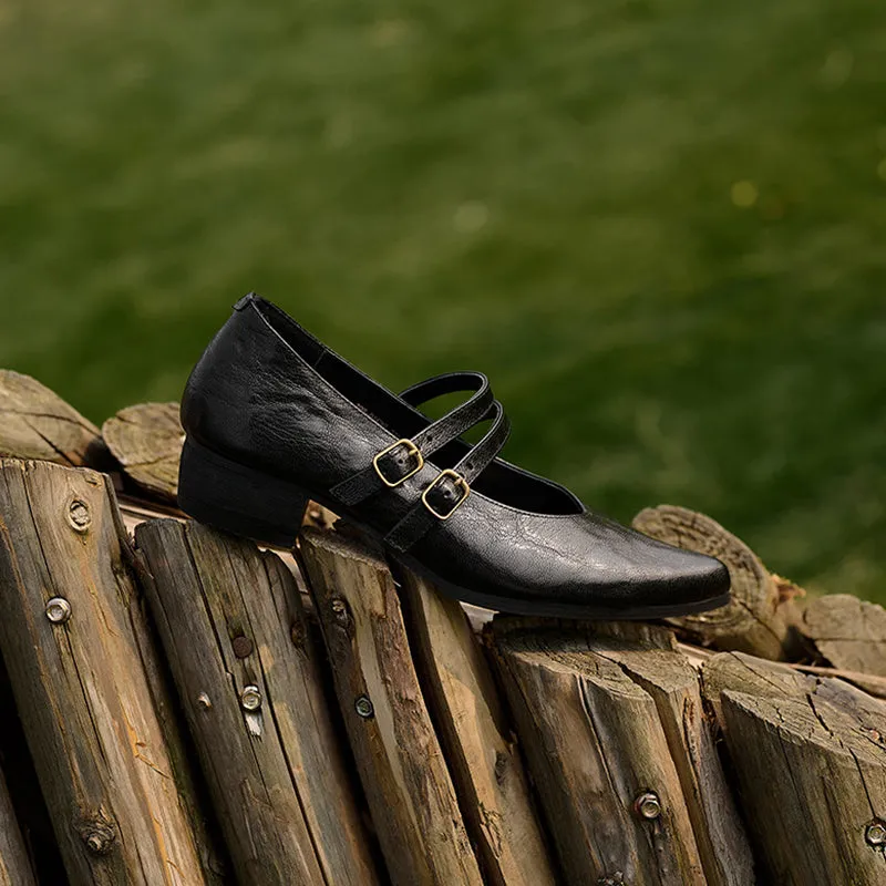 Handmade Sheepskin Leather Mary Jane Block Heel Office Shoes Double-strap in Brown/Black