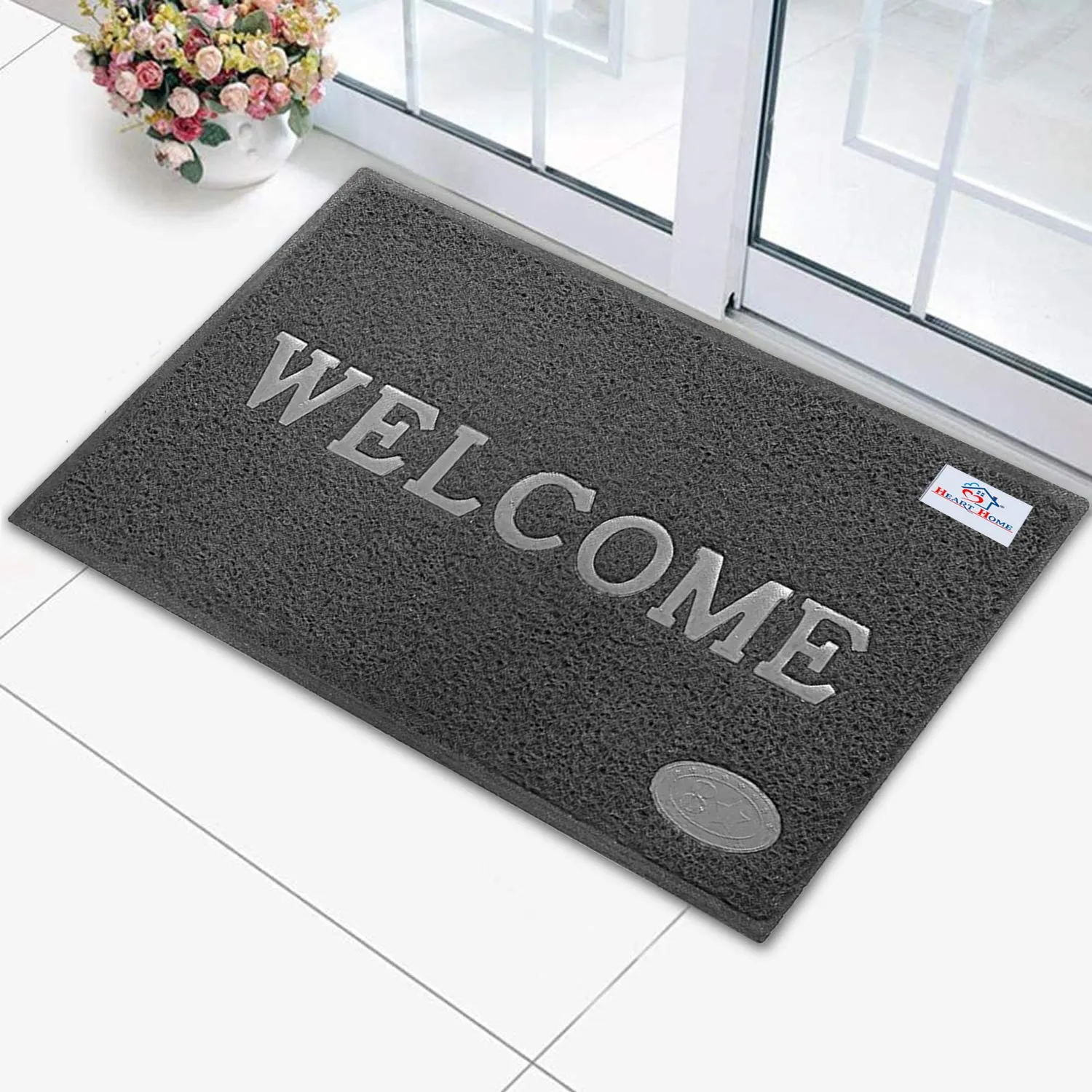 Heart Home Rubber Anti Slip Welcome Door Mat for Home Entrance, Office, Shop (Grey)-Pack of 3-HHEART15378 (Model Number: HHEART015378)