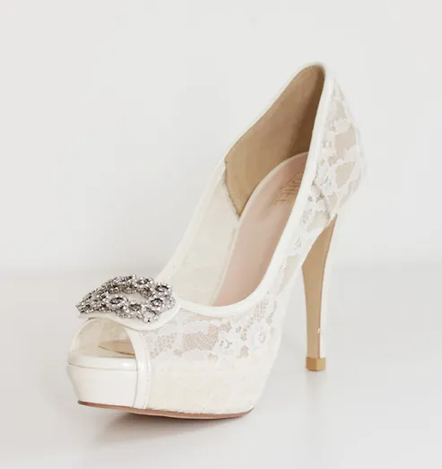 High Heels Fish Toe Ivory Lace Sexy Wedding Bridal Shoes With Tow, S021