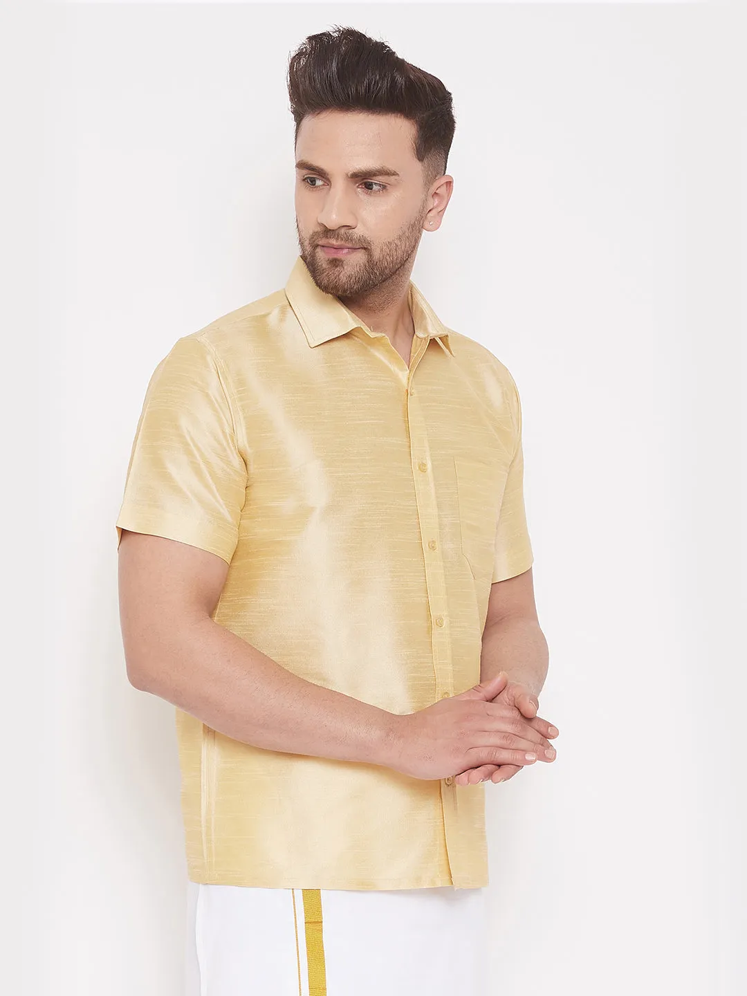 Jashvi Men's Gold Silk Blend Ethnic Shirt