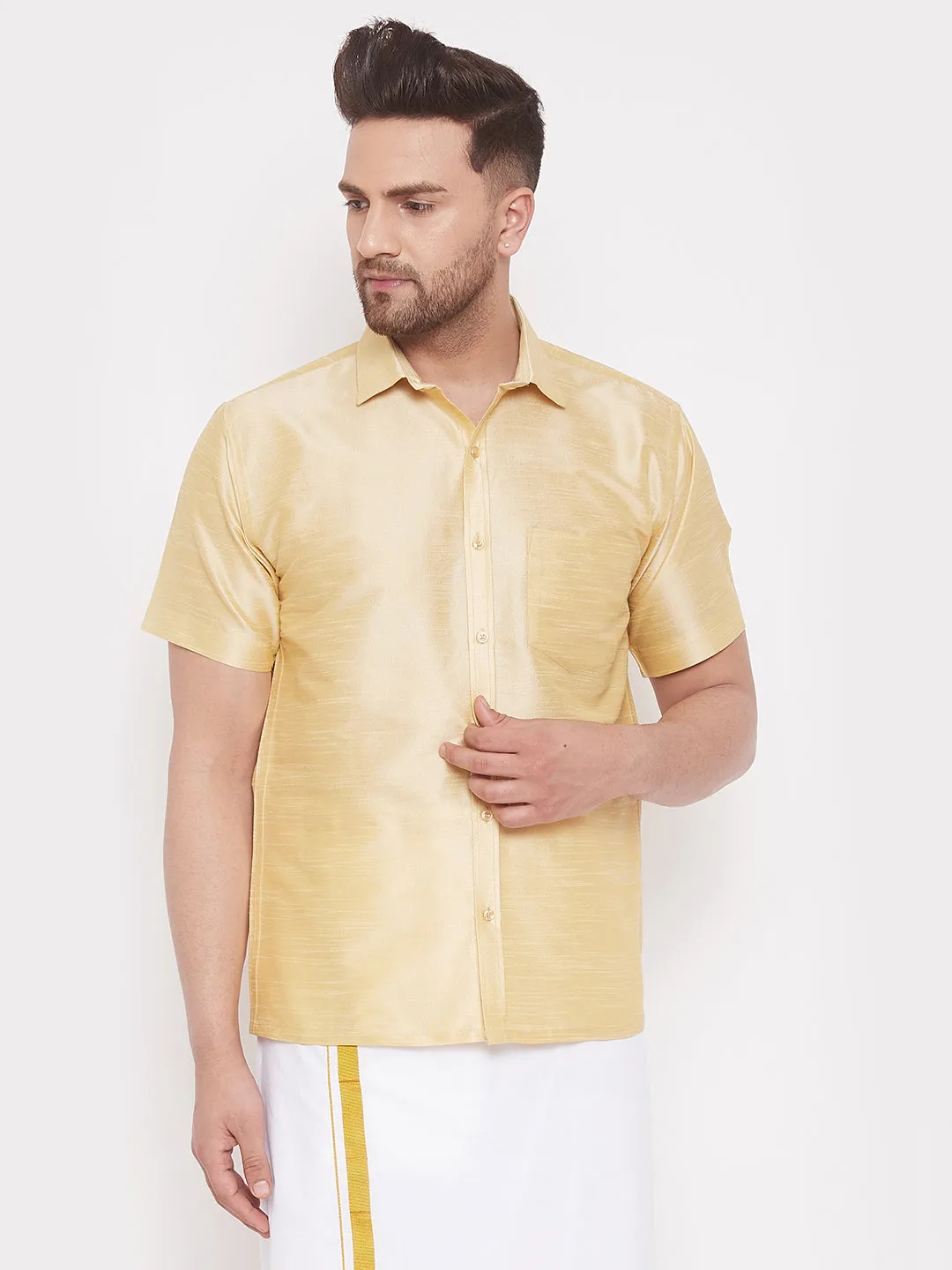 Jashvi Men's Gold Silk Blend Ethnic Shirt