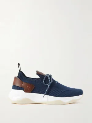 Leather-trimmed stretch-knit trainers