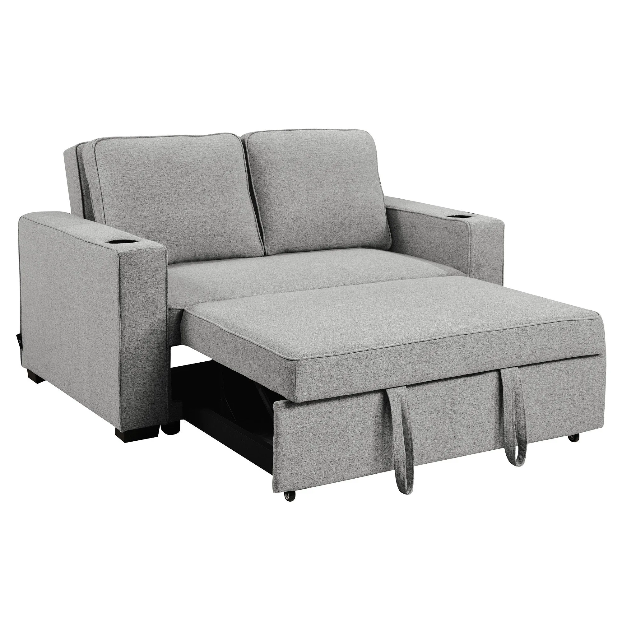 Light Grey Linen 2-Seater Sofa Bed with Cup Holders - Sarantino