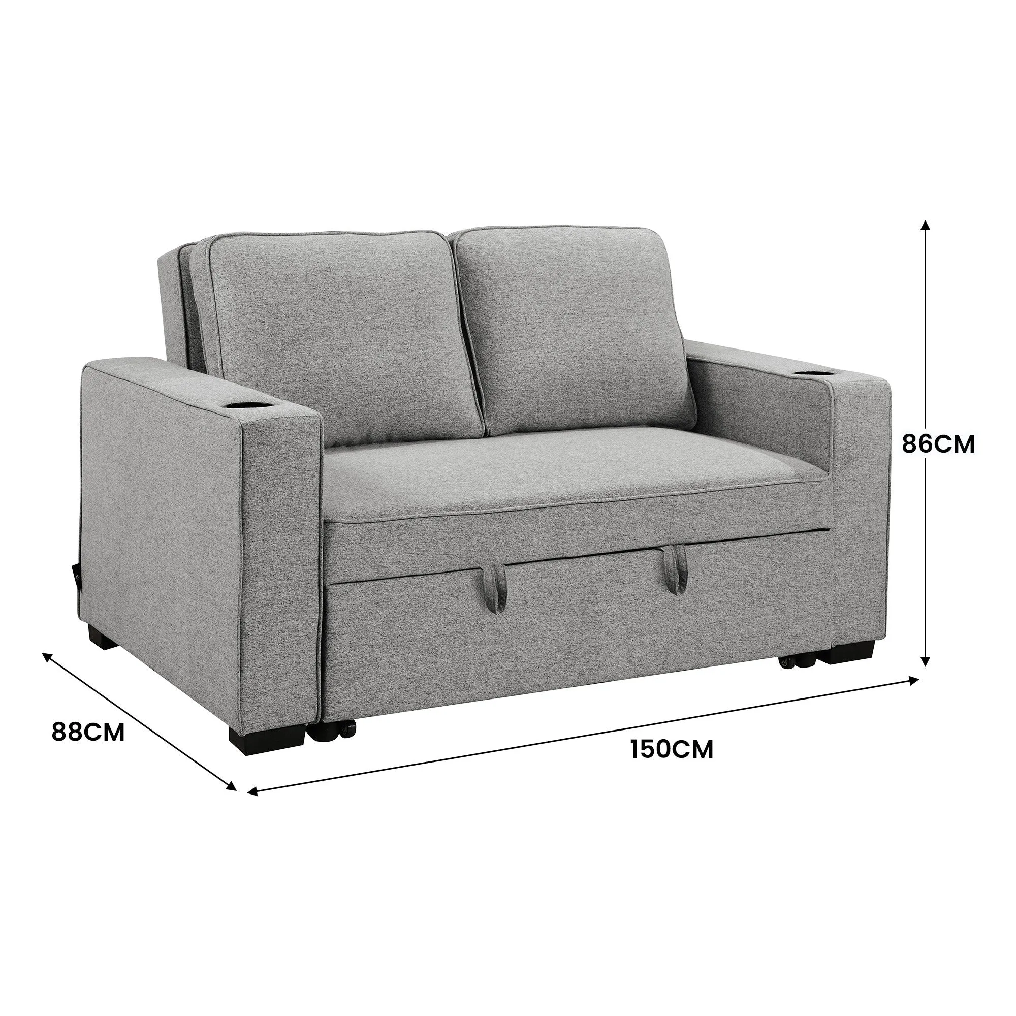 Light Grey Linen 2-Seater Sofa Bed with Cup Holders - Sarantino