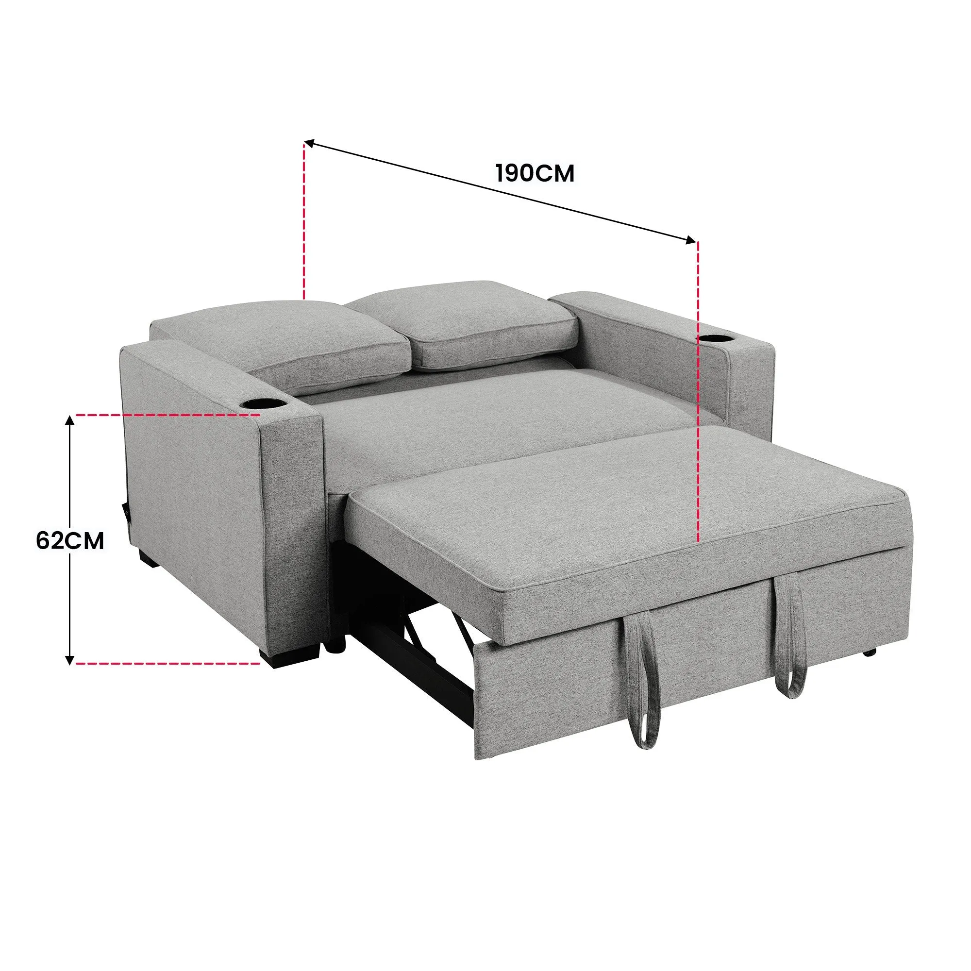 Light Grey Linen 2-Seater Sofa Bed with Cup Holders - Sarantino