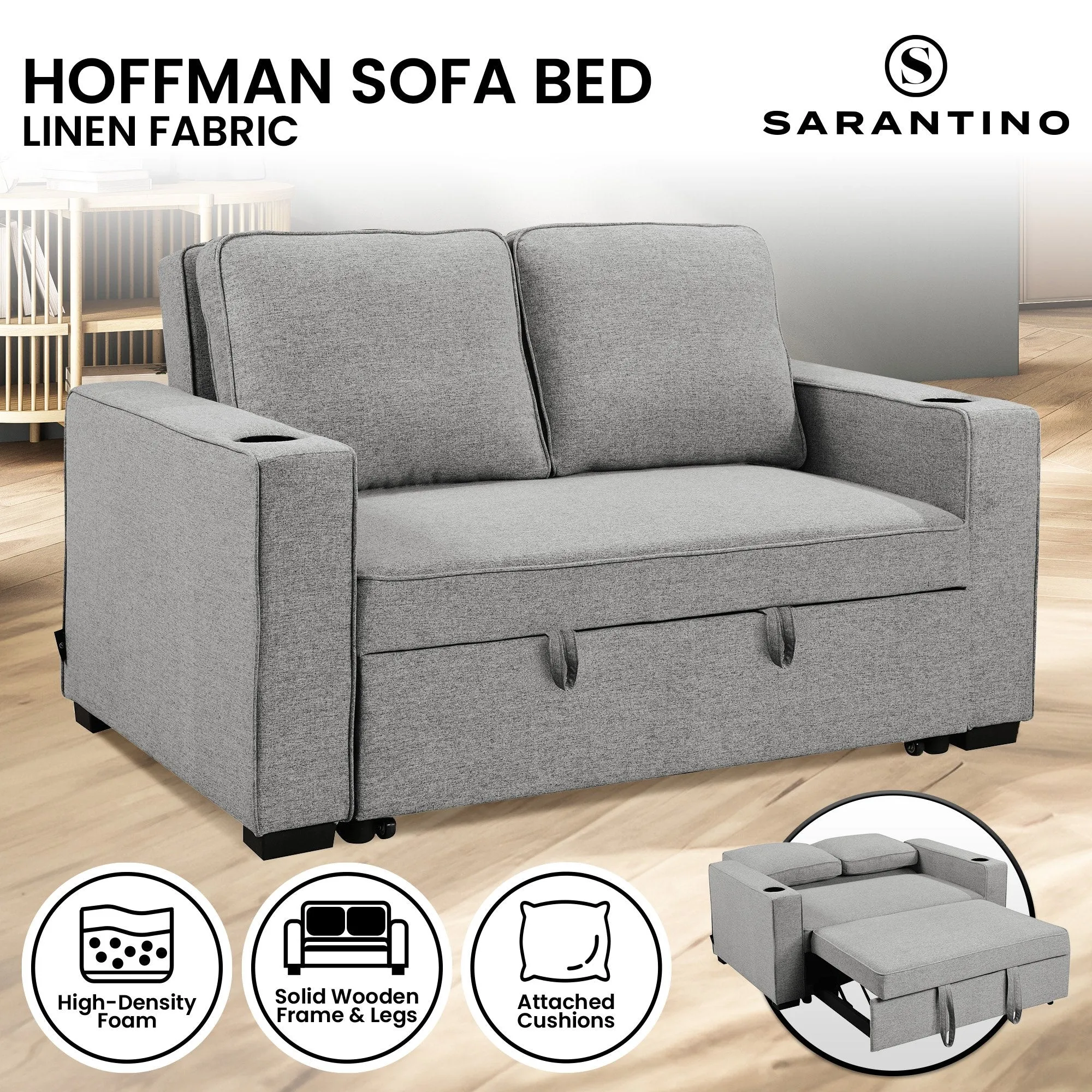 Light Grey Linen 2-Seater Sofa Bed with Cup Holders - Sarantino