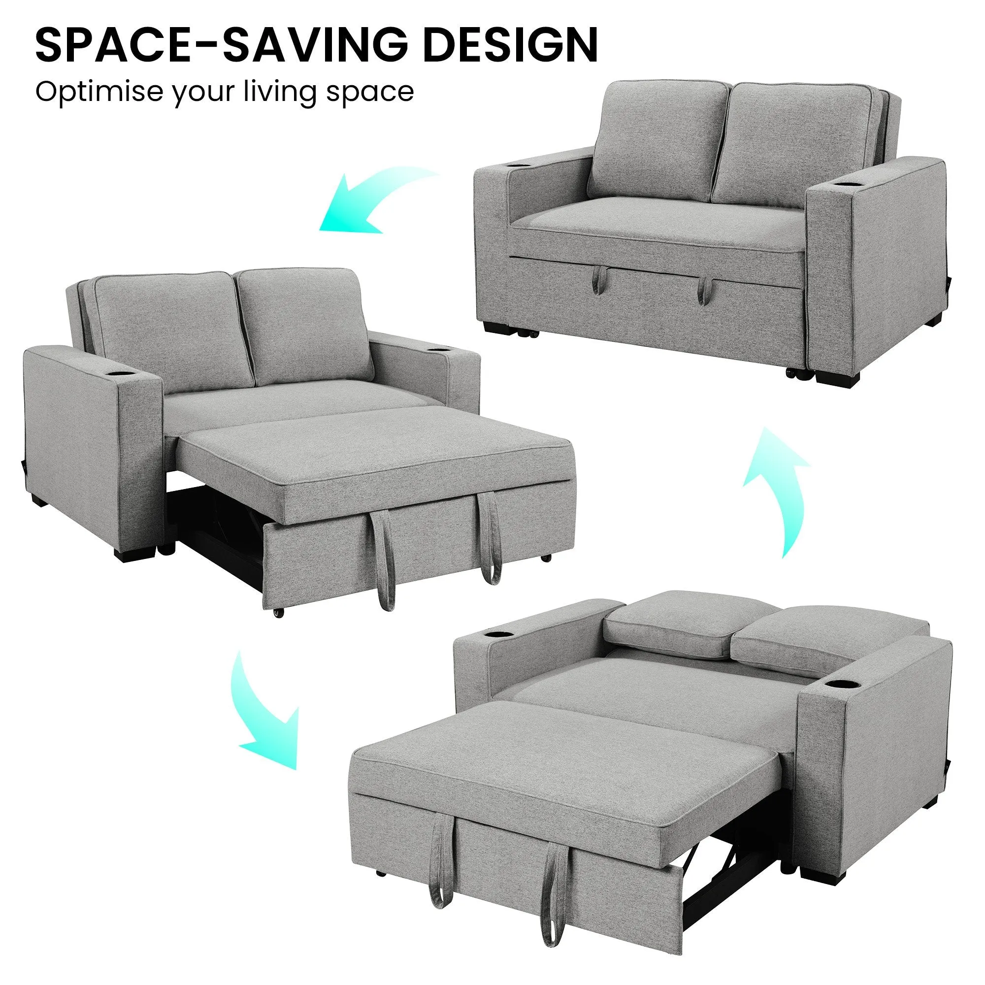 Light Grey Linen 2-Seater Sofa Bed with Cup Holders - Sarantino