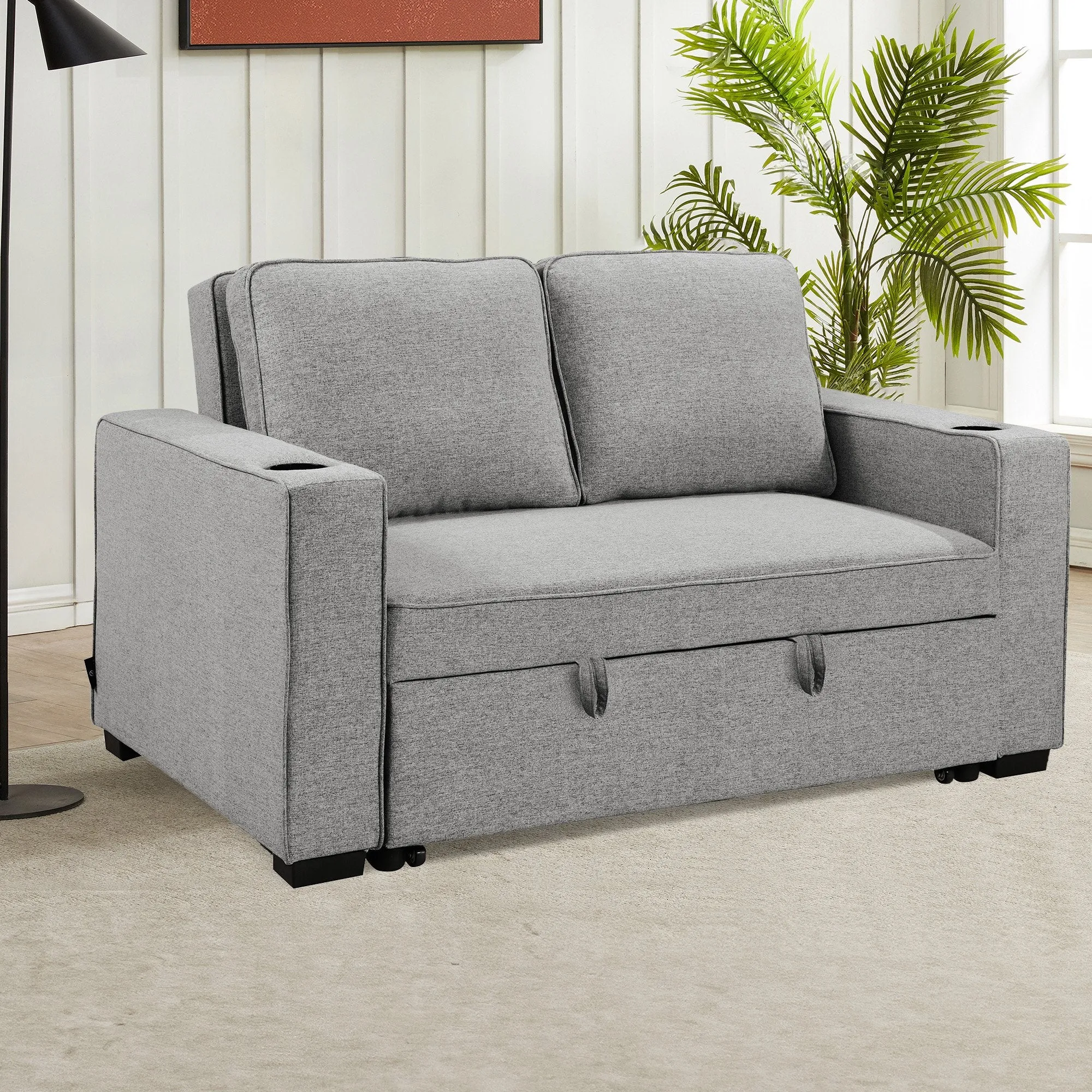 Light Grey Linen 2-Seater Sofa Bed with Cup Holders - Sarantino