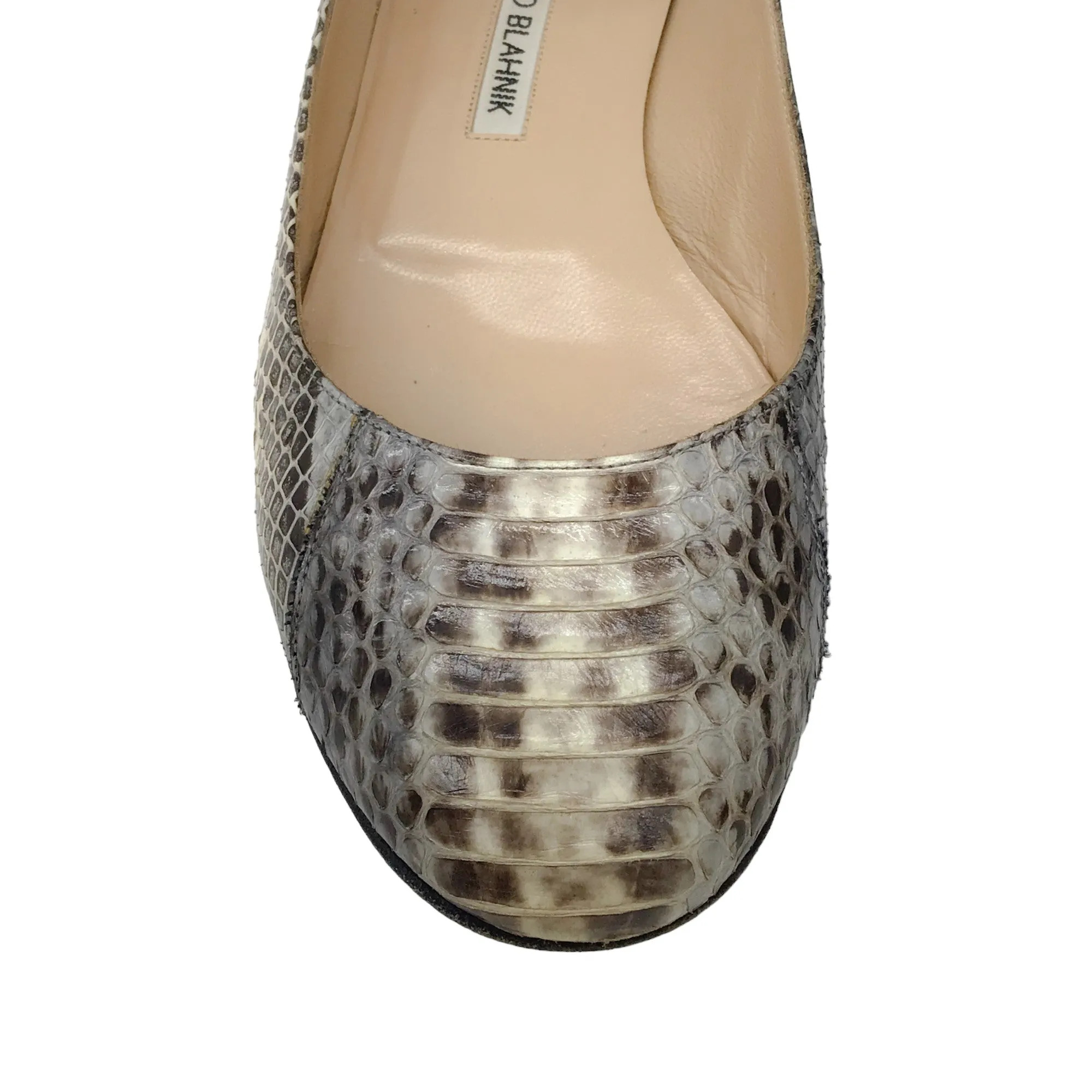 Manolo Blahnik Beige / Grey Snakeskin Leather Flats