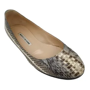 Manolo Blahnik Beige / Grey Snakeskin Leather Flats