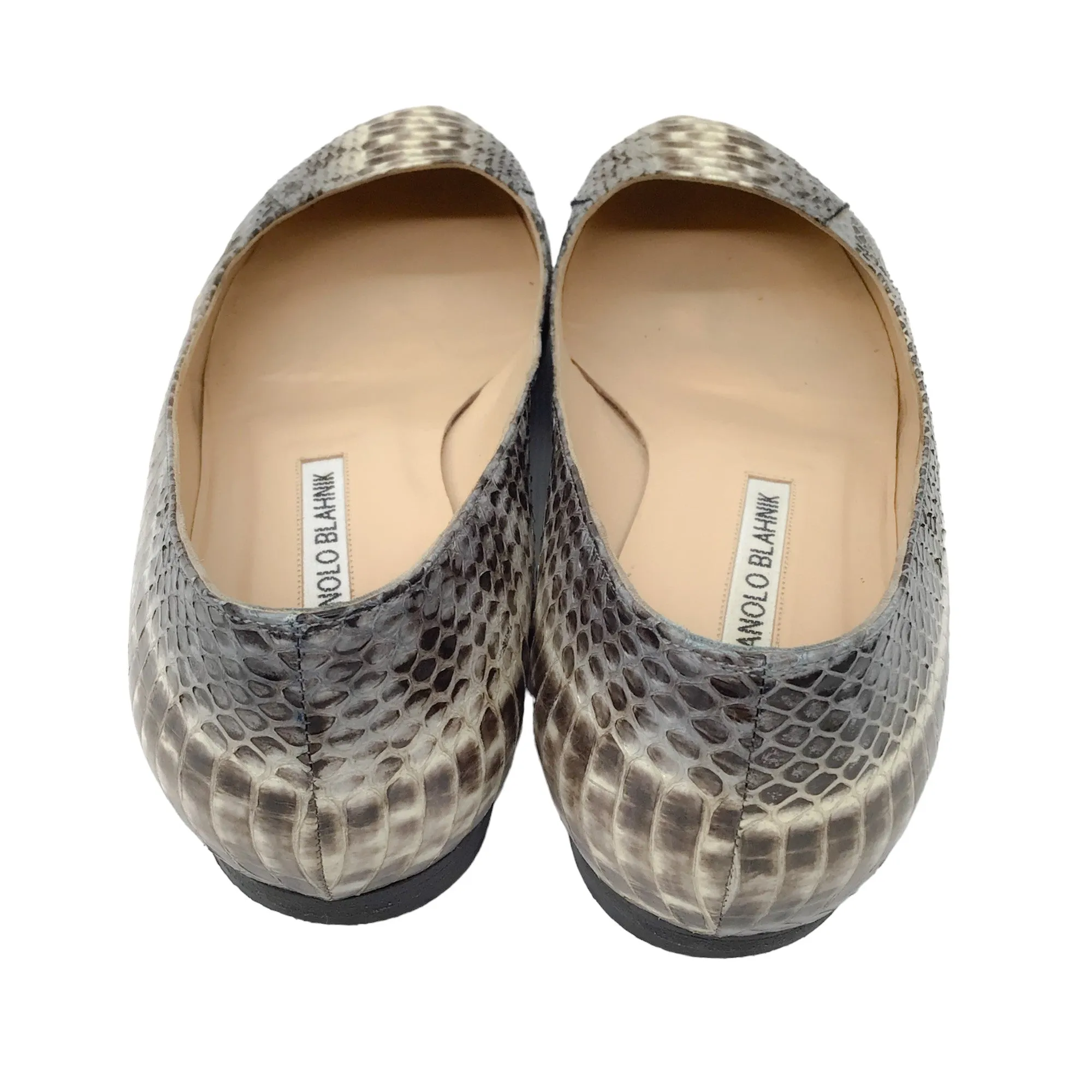 Manolo Blahnik Beige / Grey Snakeskin Leather Flats