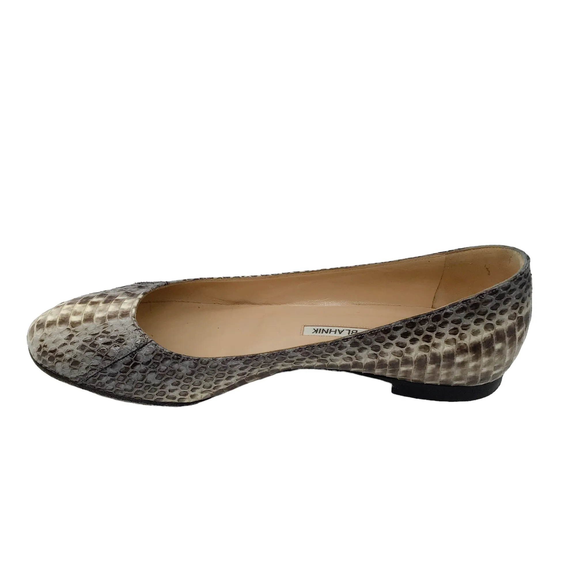 Manolo Blahnik Beige / Grey Snakeskin Leather Flats