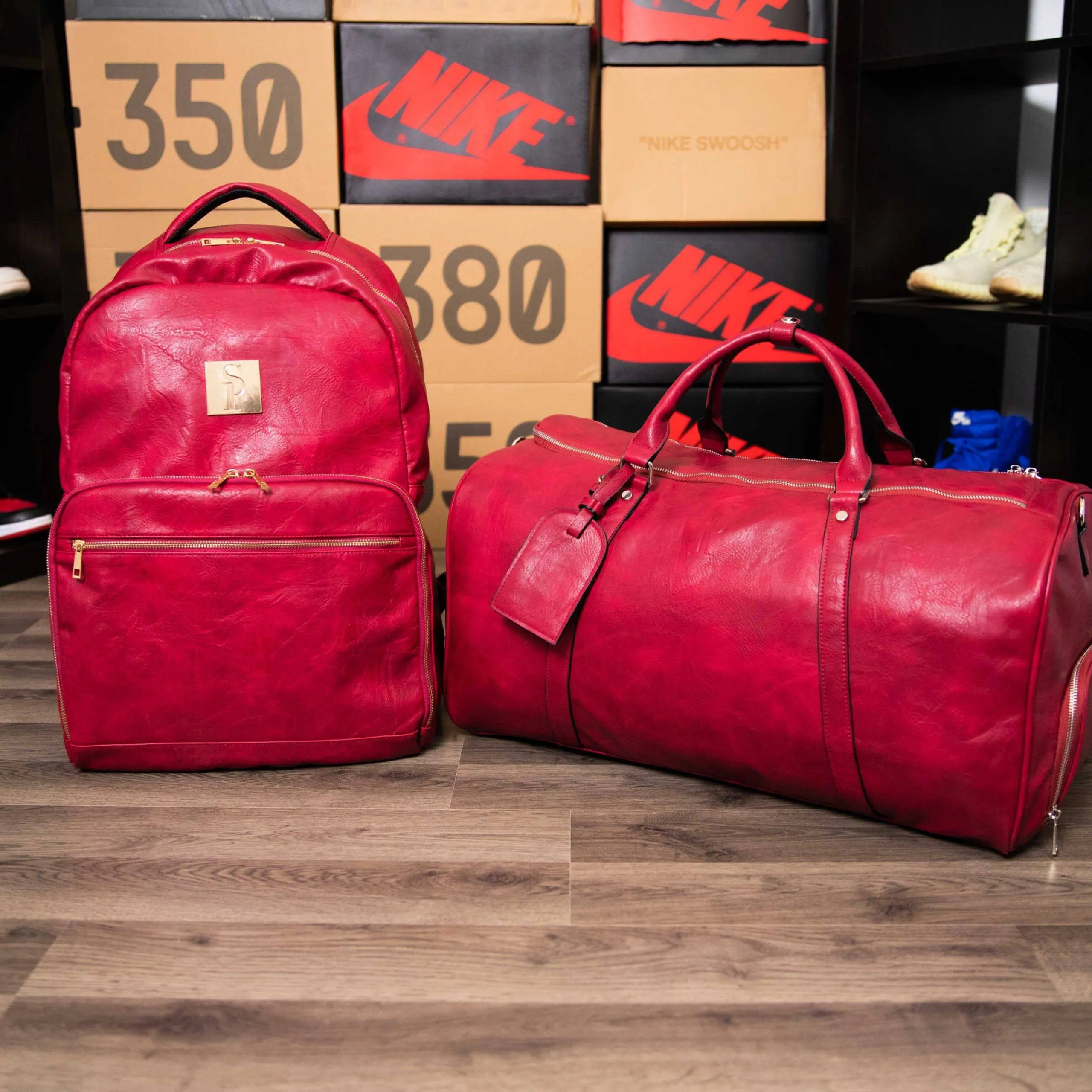 Maroon Tumbled Leather 2 Bag Set (Commuter and Duffle)