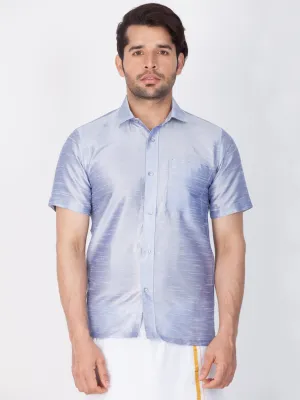 Men's Light Blue Cotton Silk Blend Ethnic Shirt - Vastramay