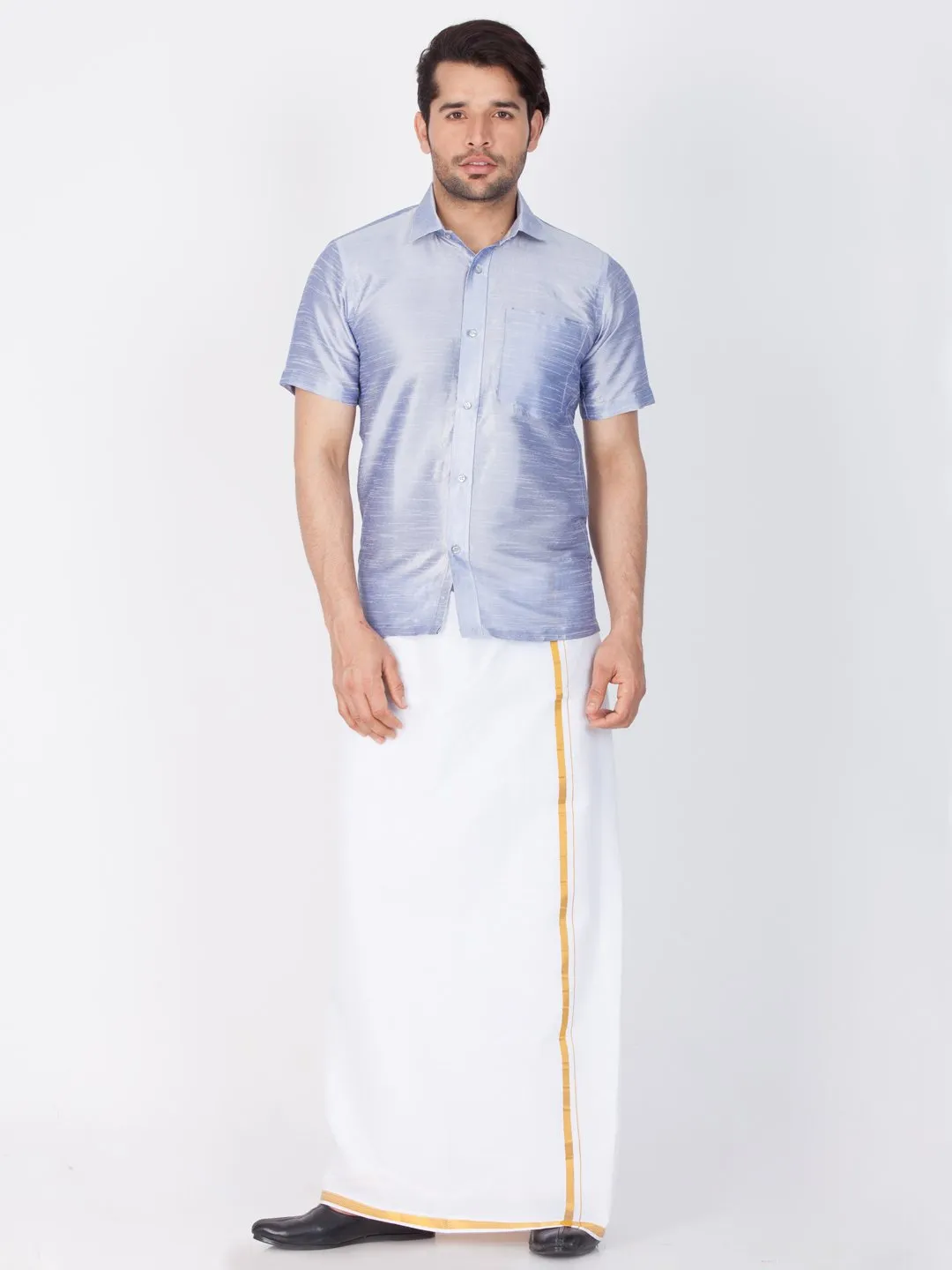 Men's Light Blue Cotton Silk Blend Ethnic Shirt - Vastramay