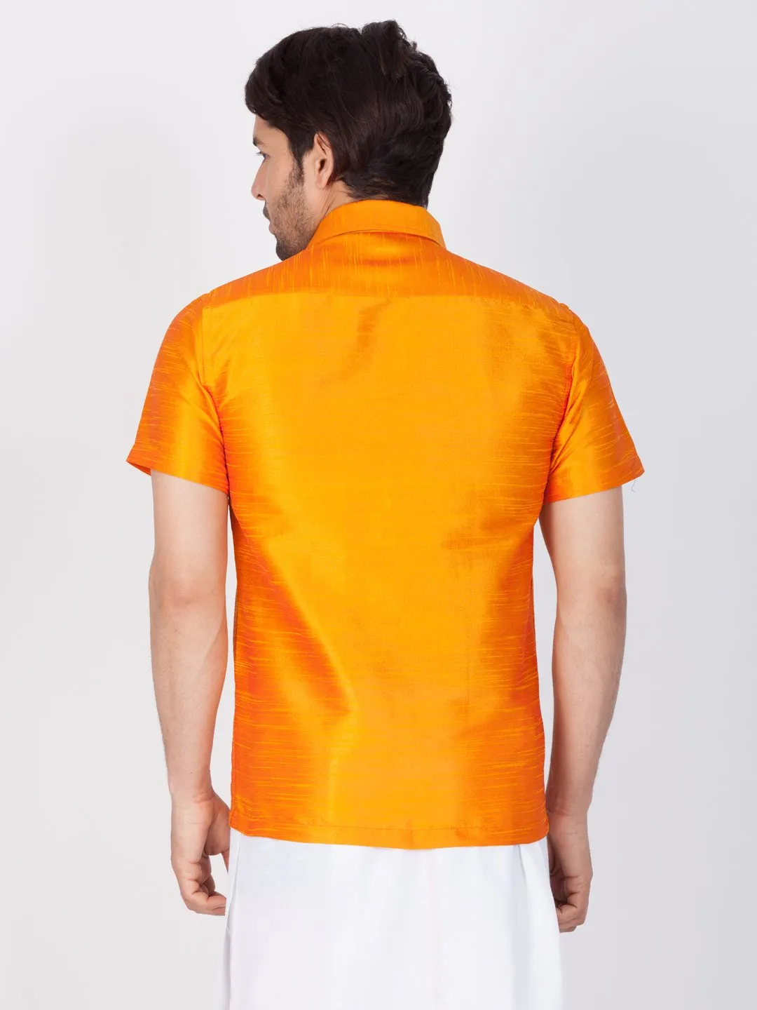 Men's Orange Cotton Silk Blend Ethnic Shirt - Vastramay