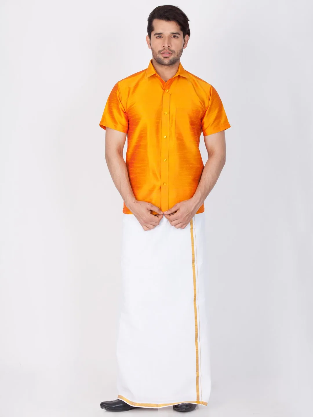 Men's Orange Cotton Silk Blend Ethnic Shirt - Vastramay