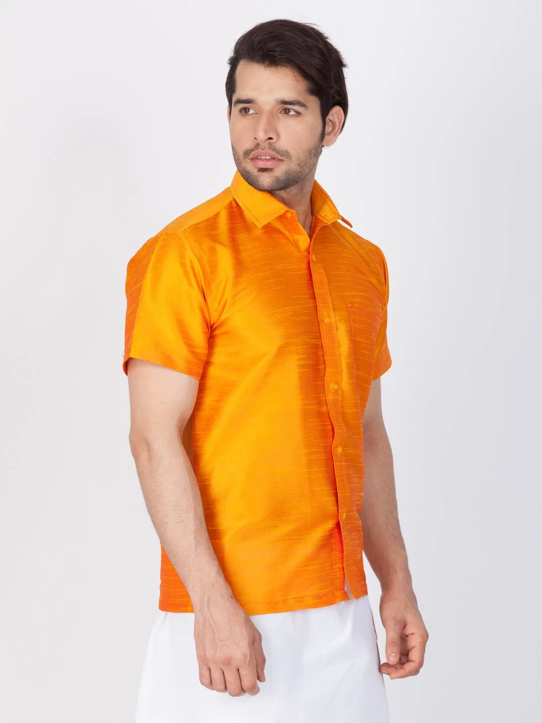 Men's Orange Cotton Silk Blend Ethnic Shirt - Vastramay