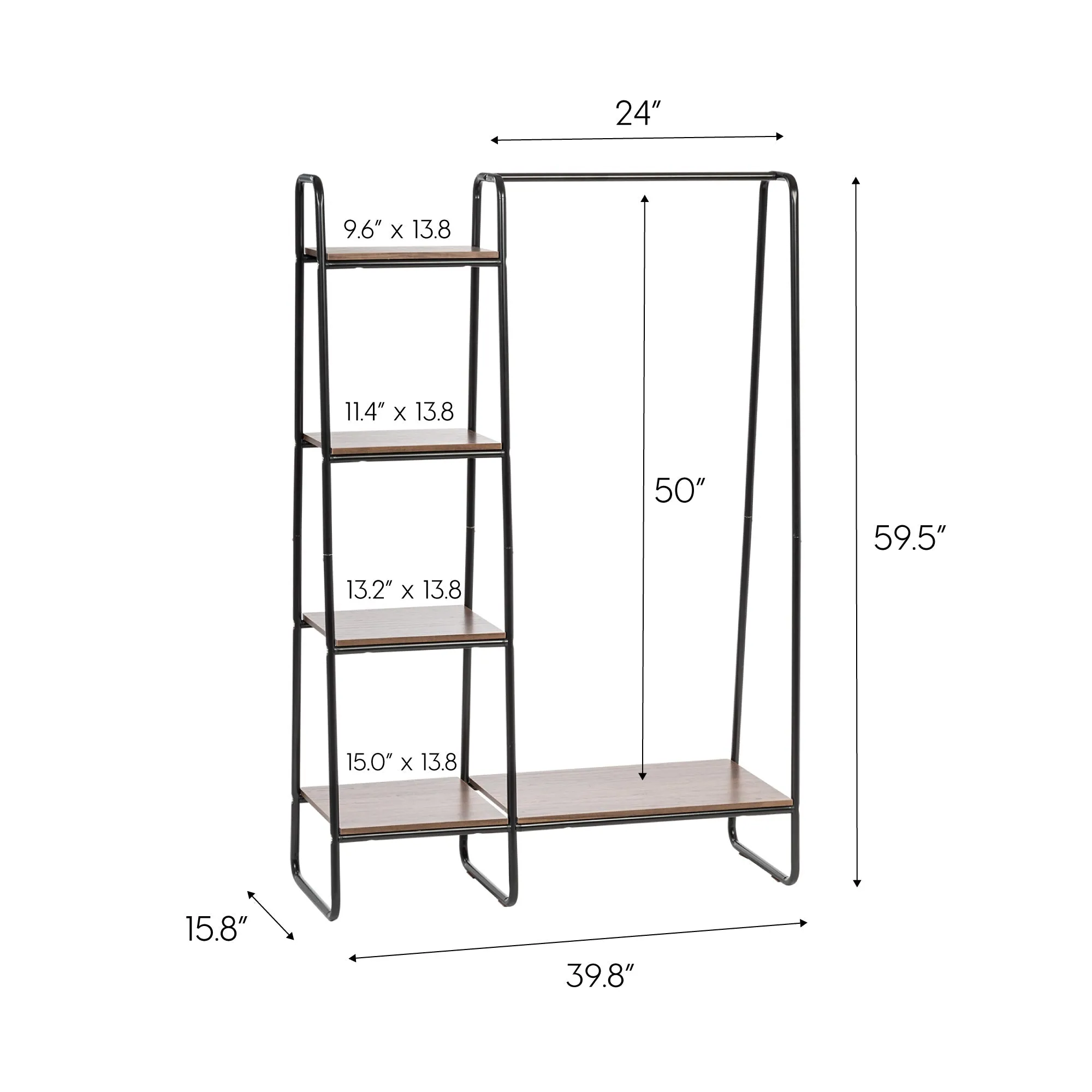 Metal Garment Rack with Wood Shelves, Black and Dark Brown, includes 2 Black Hangers