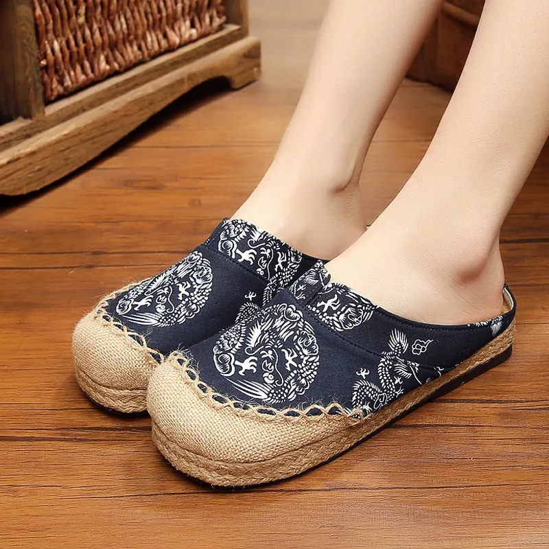 National style flax shoes round head dragon totem handmade cotton and linen stitching couples shoes