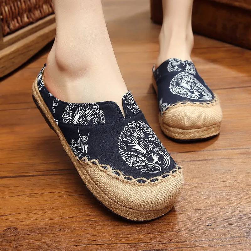 National style flax shoes round head dragon totem handmade cotton and linen stitching couples shoes